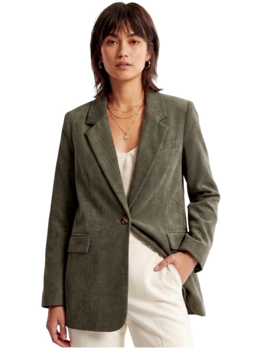 Tailored Olive Green Single-Button Blazer Jacket - Women